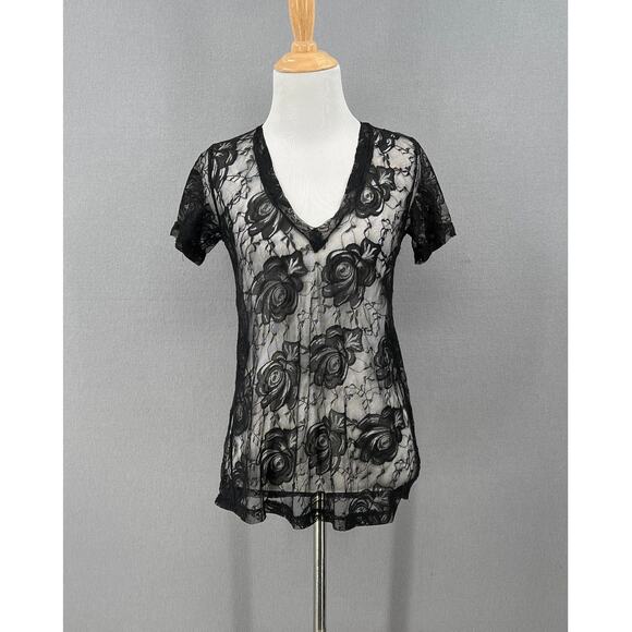 LNA Tops - LNA Lace V-neck Tee Womens XS Black Short Sleeve Sheer Floral Pattern T-shirt